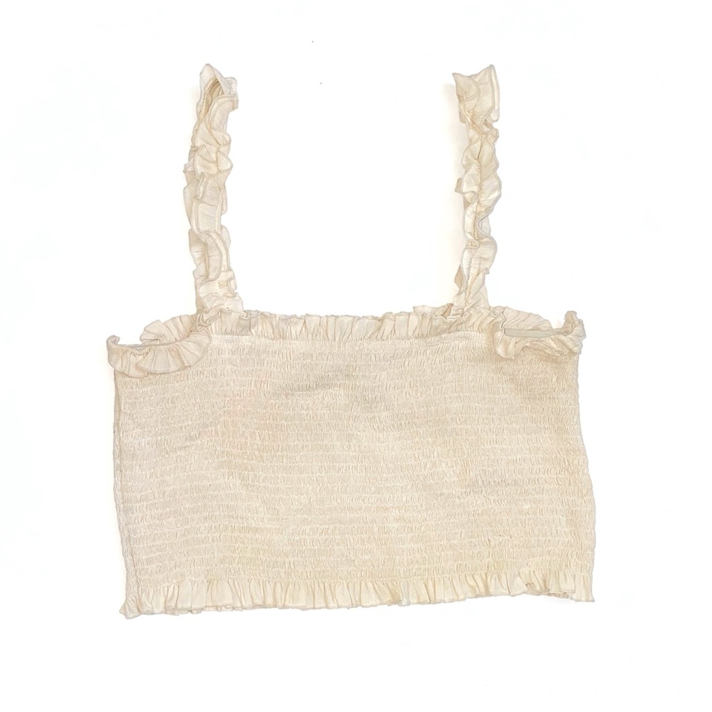 Faithfull the brand sand tan Tijana stretch smocked ruffle cropped crop tank top